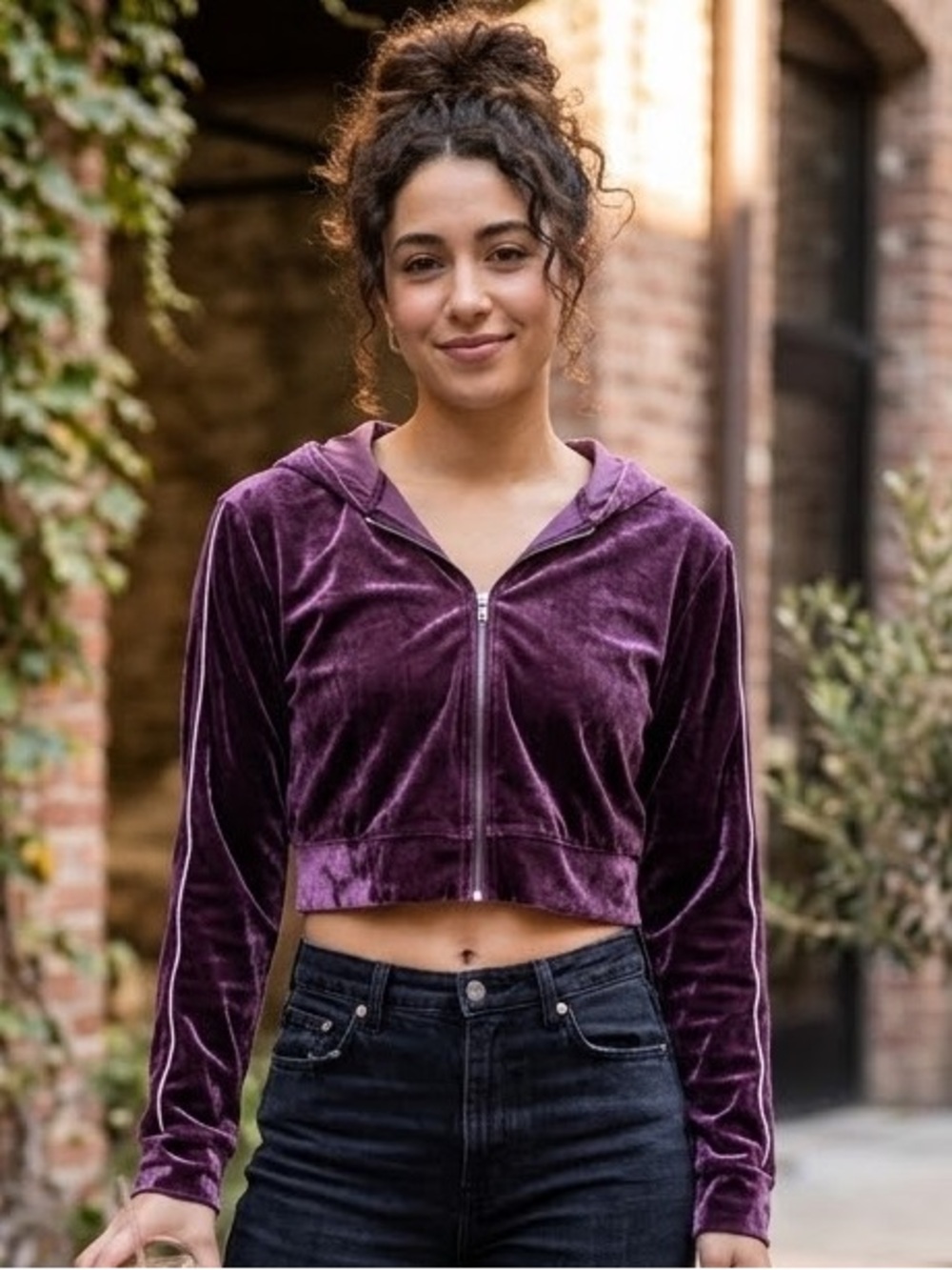 Forever 21 Purple Velvet Crop Zip Hoodie Y2K Plum Velour Jacket Medium